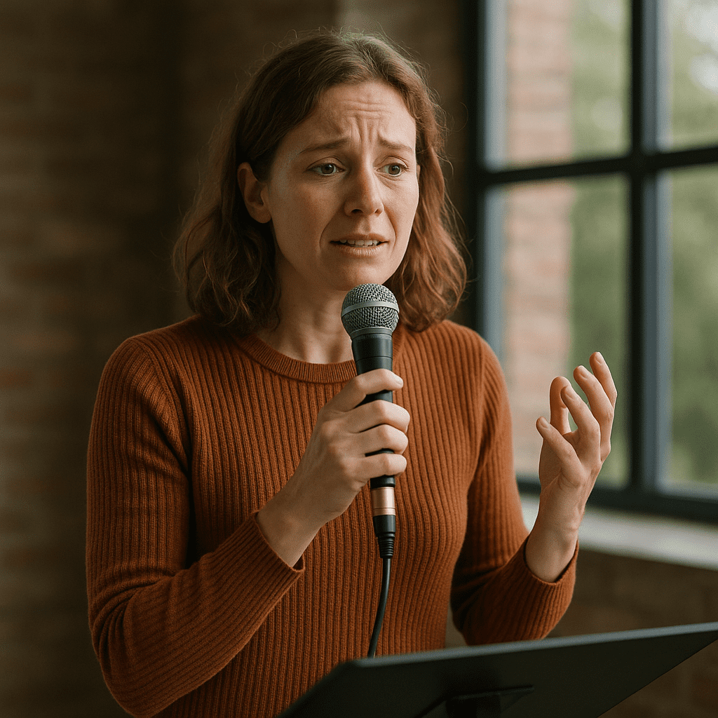 Artikel over presenteren met trillende stem en weer ontspannen spreken met rust, externe focus en minder spanning.