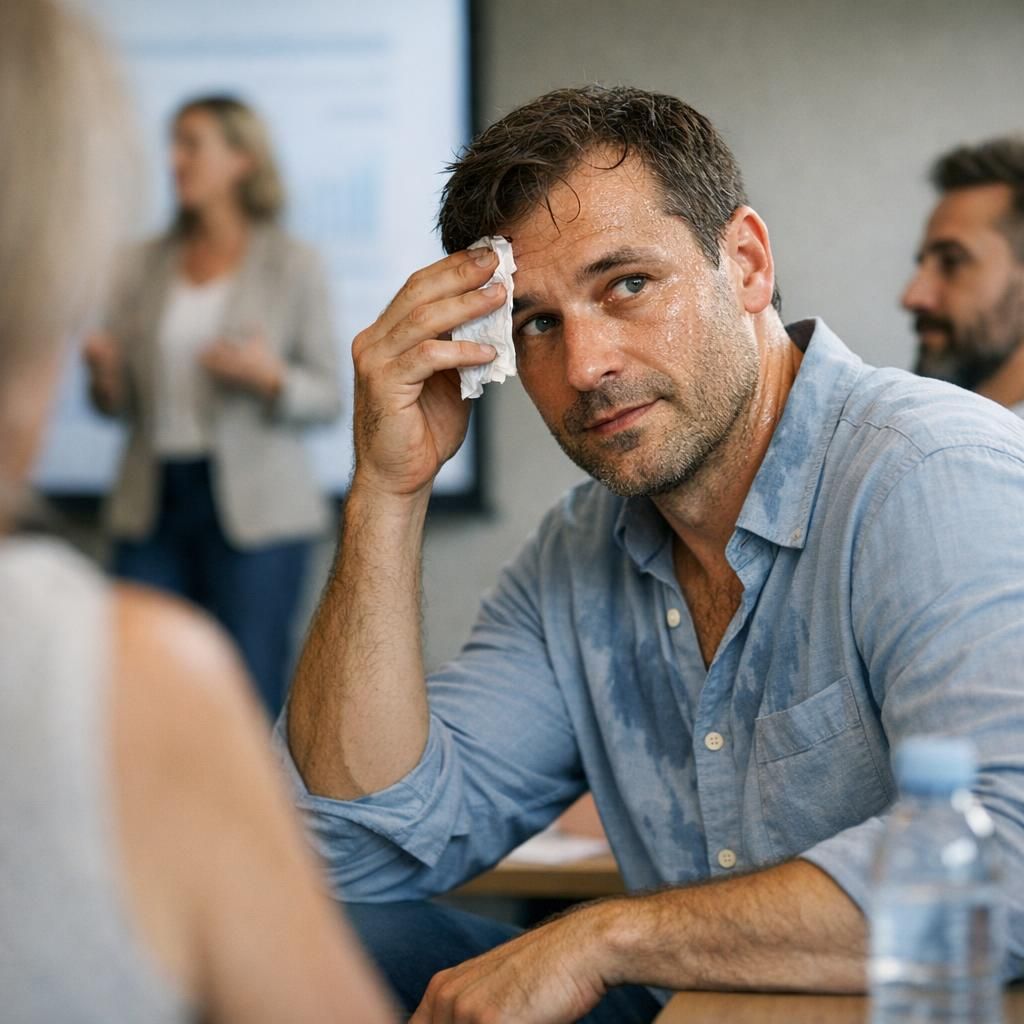 Blog over zichtbaar zweten als stresssignaal en hoe het brein met spanning reageert in sociale situaties of op het werk.