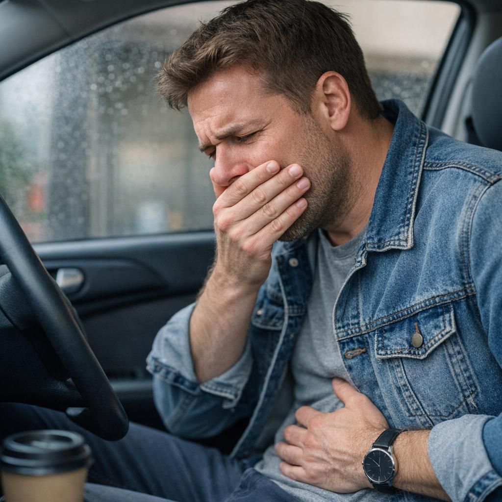 Uitleg over misselijkheid door spanning en angst om over te geven, met focus op stressreacties in het lichaam