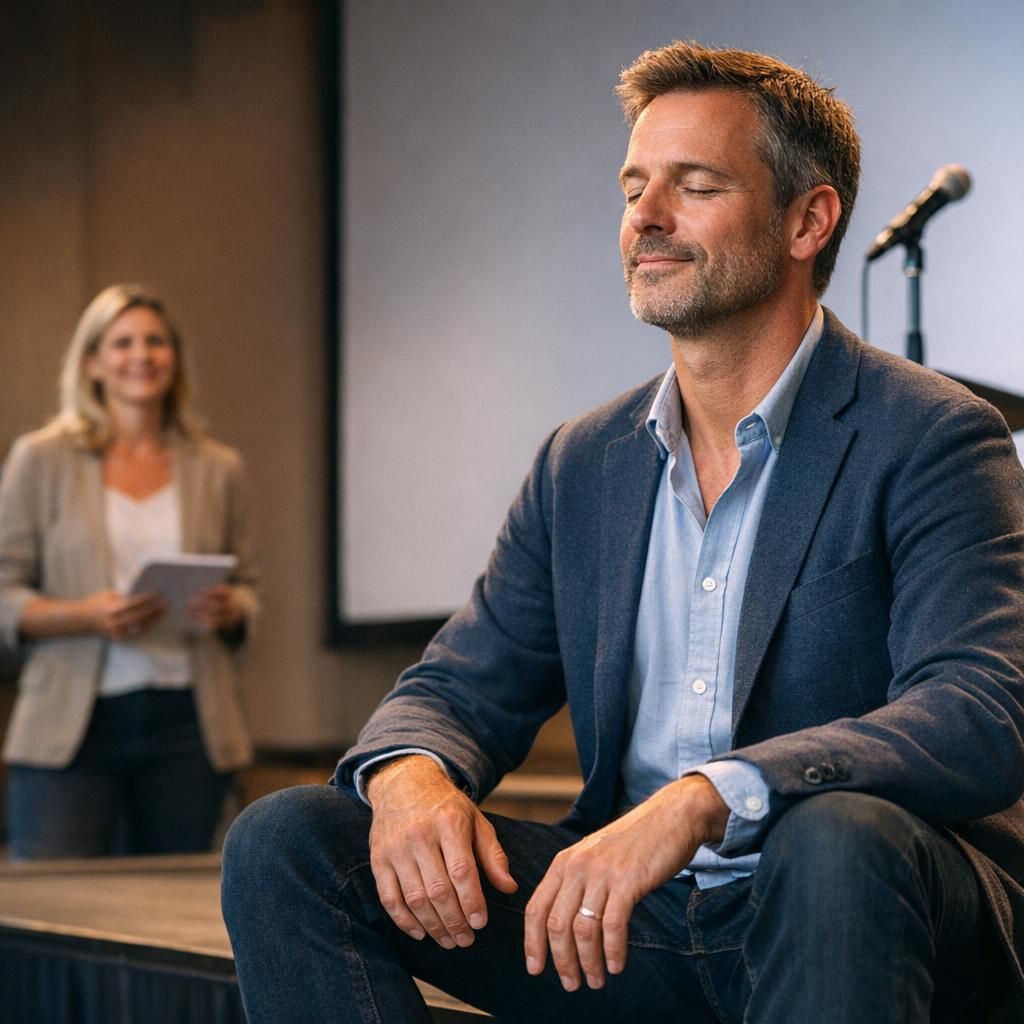 Artikel over ontspannen presenteren en hoe je vóór je eerste zin stress verlaagt door je focus te verleggen